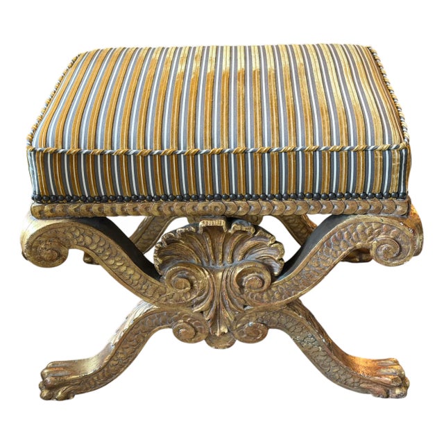Antique George II Style Giltwood Stool Bench W Cut Silk Velvet For Sale