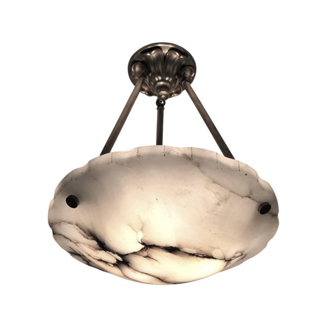 1930s French Art Deco Alabaster Pendant Light, White W/ Charcoal Grey Veining For Sale - Image 14 of 17