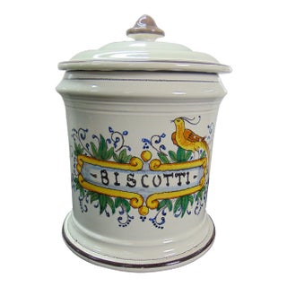 Italian Glazed Terra Cotta Biscotti Cookie Jar For Sale