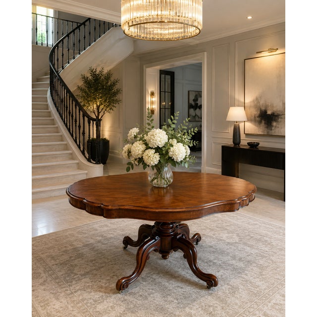 An antique Victorian figured mahogany dining and centre table with an unusual serpentine-shaped top and a beautifully...