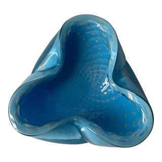 Vintage Alfredo Barbini Turquoise Blue Bullicante Art Glass Bowl With Gold Flecks For Sale