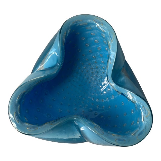 Vintage Alfredo Barbini Turquoise Blue Bullicante Art Glass Bowl With Gold Flecks For Sale