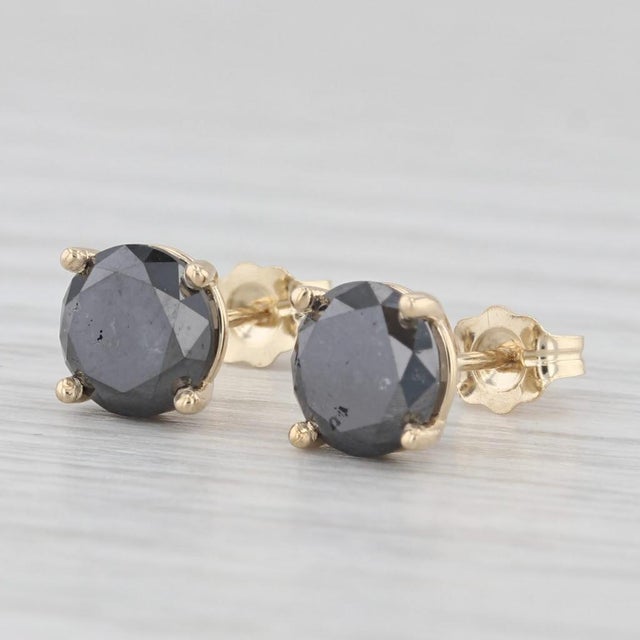 Contemporary New 2.67ctw Black Diamond Stud Earrings 14k Yellow Gold Round Solitaires For Sale - Image 3 of 6