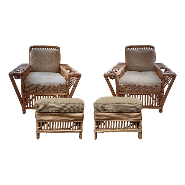 1990s Palecek President's Rattan Chairs and Ottomans For Sale