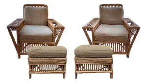 1990s Palecek President's Rattan Chairs and Ottomans