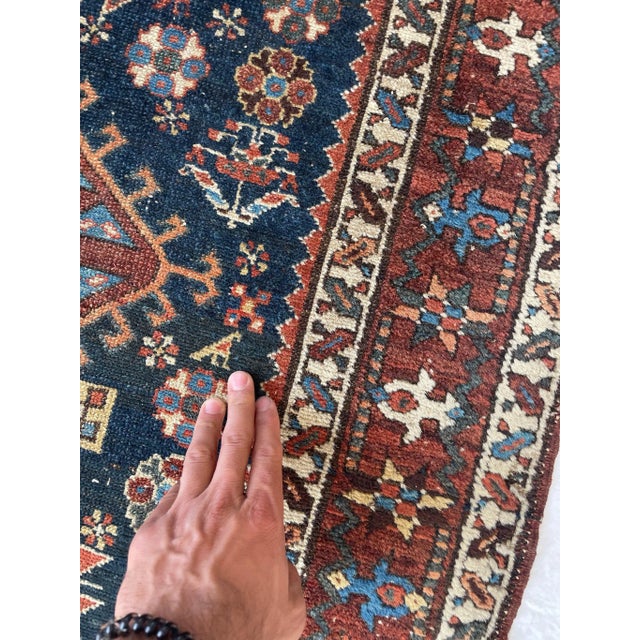Persian 1920's Ancient Nomadic Northwest Persian Karaja Indigo, Clay & Forest Green Runner Rug 3.2 X 13.5 For Sale - Image 3 of 12