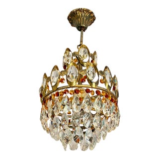 Vintage French Style Crown Chandelier, Vintage Cut Crystal Prisms & Amber Jewels, Aged Brass Finish, 10.2" Diameter For Sale