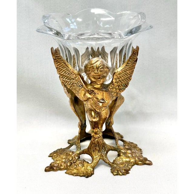 Metal Vintage Brass Cherub Pedestal Decorative Bowl For Sale - Image 7 of 11