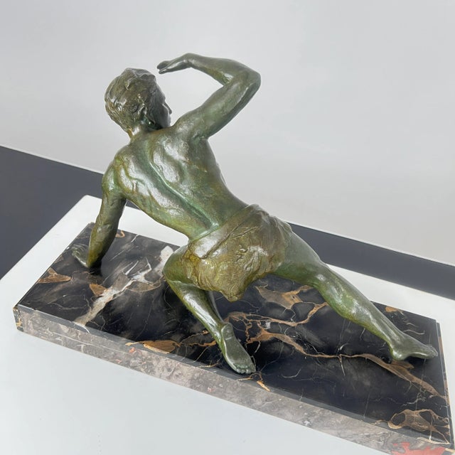 Art Deco Male Sculpture, Spelter, Marble, France circa 1930 For Sale - Image 4 of 14