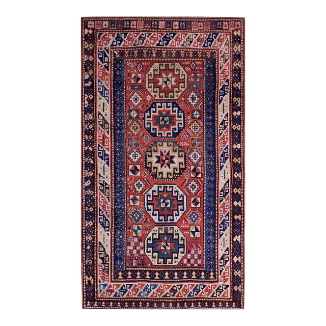 1900s Red Geometric Antique Caucasian Kazak Rug 4'4" X 8'0" Knotted Pile Wool Carpet For Sale