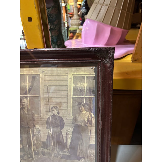 Vintage Black and White Print of Family in Wooden Frame For Sale - Image 4 of 6