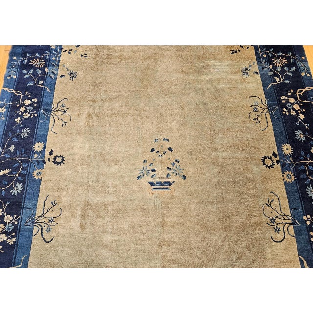 Antique Chinese Peking Rug, Wool Pile, Tan Field, Navy Border, 9' x 12' For Sale - Image 11 of 17