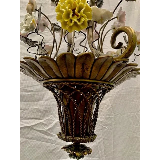 Small French Cast Brass Basket Light With Original Porcelain Flowers. For Sale - Image 9 of 13