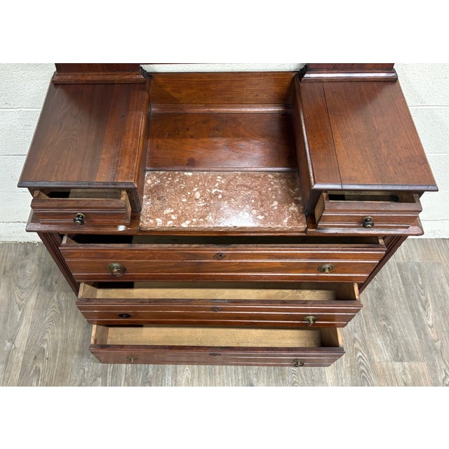 Early 19th Century Antique Victorian Eastlake Walnut Dresser With Swivel Mirror and Marble Inlay For Sale - Image 5 of 14