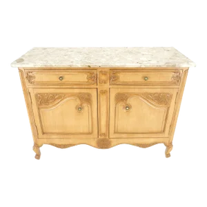 Marble Top Oak Country French Two Doors Drawers Cabinet Server Sideboard Buffet