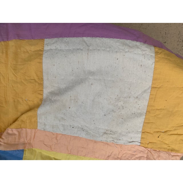 Pink Vintage Hand Stitched Multicolor Square Patches Quilt 89” X 81” For Sale - Image 8 of 12