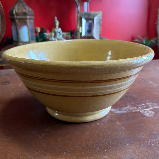 Antique Farmhouse Yellowware Large Mixing Bowl, With Brown and Cream Banding, Circa 1850's For Sale - Image 11 of 12