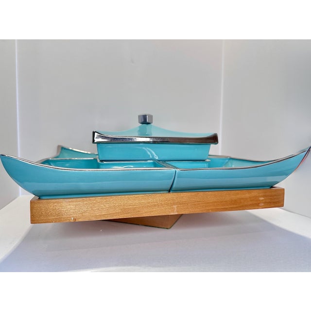 1950s Ever-Art California Turquoise Ceramic Pagoda Lazy Susan - 6pcs For Sale - Image 4 of 7