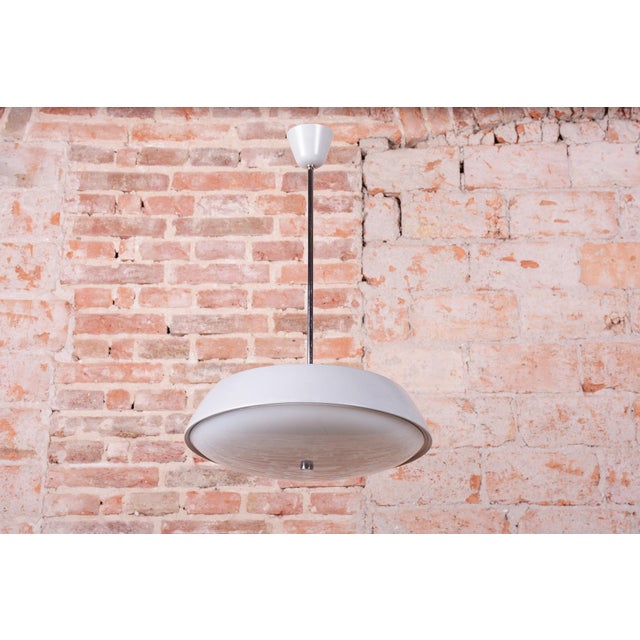Metal Mid-Century Czech Pendant Light in Steel and Opaline Glass attributed to Lidokov, 1950s For Sale - Image 7 of 12