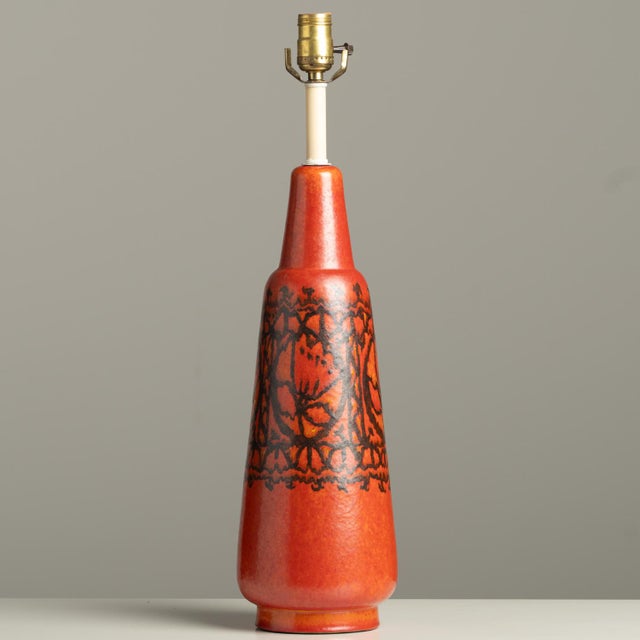 Gorgeous all original 1950s signed Raymor Italy ceramic studio pottery lamp base. Aldo Londi designed creation...