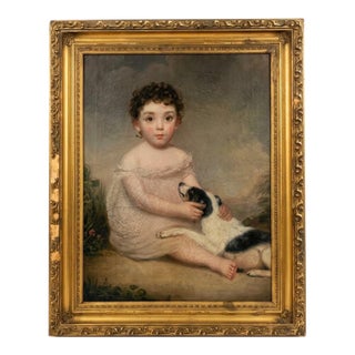 Large Antique Early 19th Century Oil Painting Portrait of Girl With Her Dog in Giltwood Frame For Sale