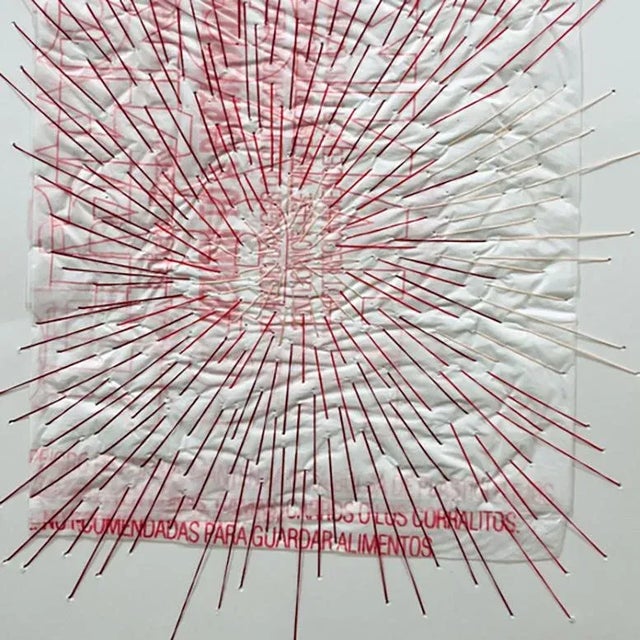 Abstract Contemporary Abstract Plastic Bag and Thread on Paper Painting "Spark #2" by Holly Miller For Sale - Image 3 of 4