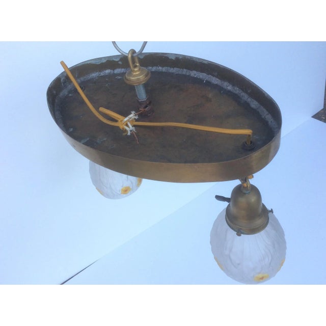 1900 - 1909 Antique Brass Chandelier With Floral Decorated Pendant Shades For Sale - Image 5 of 9