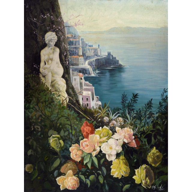 This atmospheric oil on canvas by Italian painter Alfredo Santini captures the timeless beauty of the Amalfi Coast through...