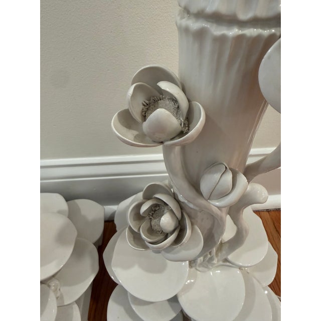 Mid 20th Century Italian Ceramic Faux Bamboo & Lotus Flower Table Lamps - A Pair For Sale - Image 12 of 17