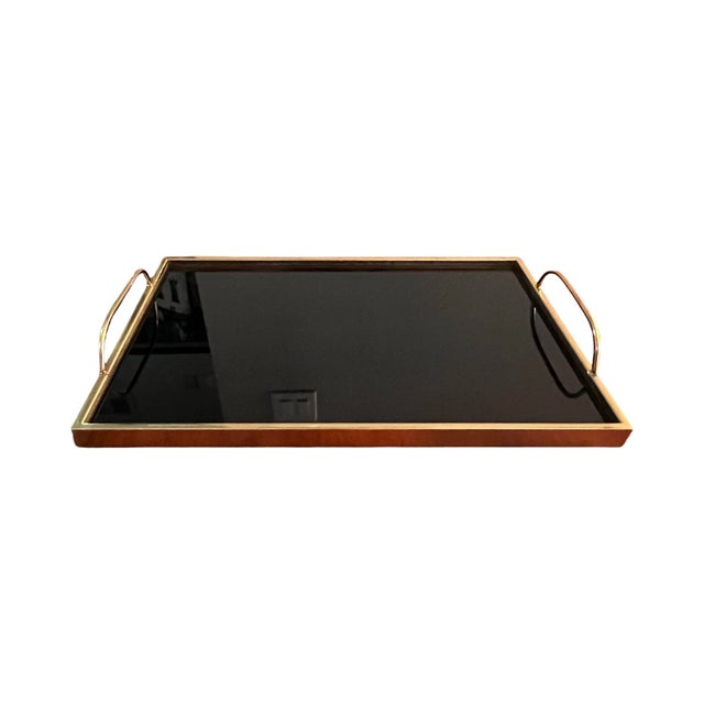 Brass Gold Plated Black Glass Bed Serving Tray Regency Modern Liquor Bar For Sale - Image 4 of 7