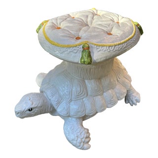 Vintage Hollywood Regency Italian Glazed Porcelain Turtle Stool With Tassels For Sale