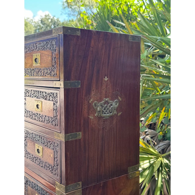 Pair of Anglo-Indian Style Carved Rosewood Campaign Chests With Brass Inlay For Sale - Image 4 of 7