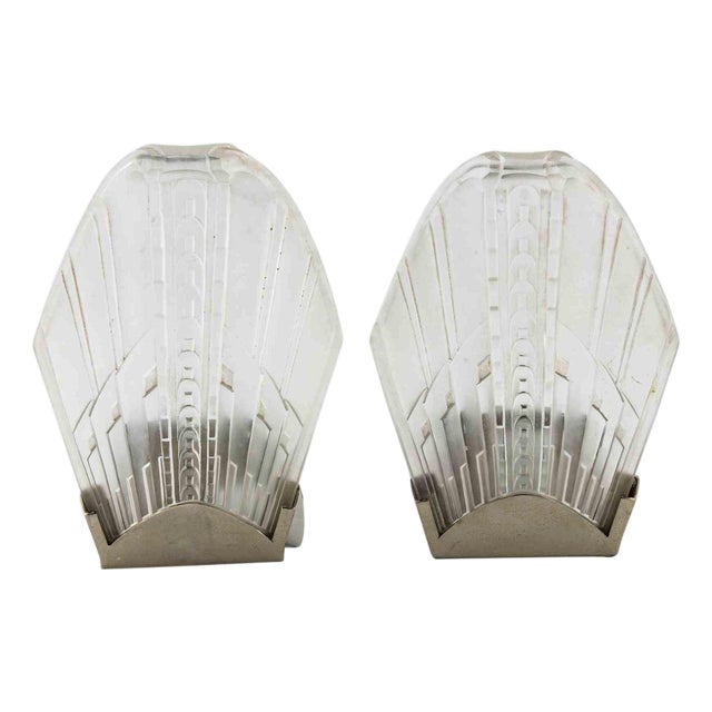 Art Deco French Sconces in Metal and Art Glass, 1940s, Set of 2 For Sale
