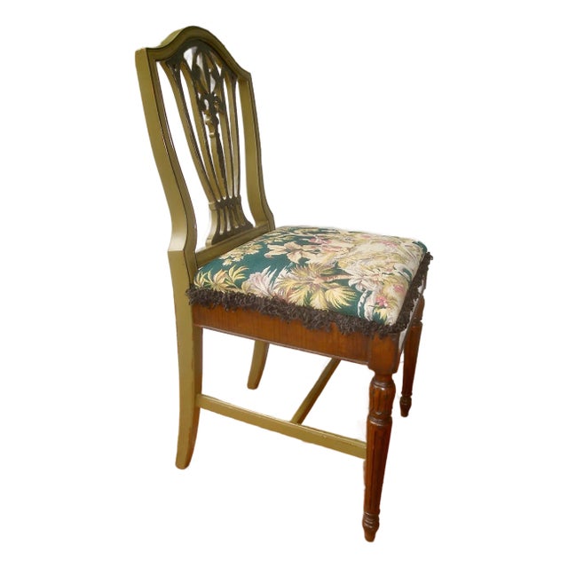 Vintage Barkcloth Upholstered Shield Back Side or Desk Chair Chinoiserie Print For Sale