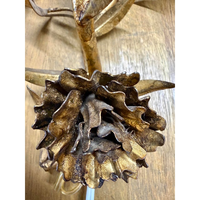 Gold Antique French Tole Floral Wall Sconces, Gilt Iron, Rewired (1 Double, 2 Single) - Set of 3 For Sale - Image 8 of 8