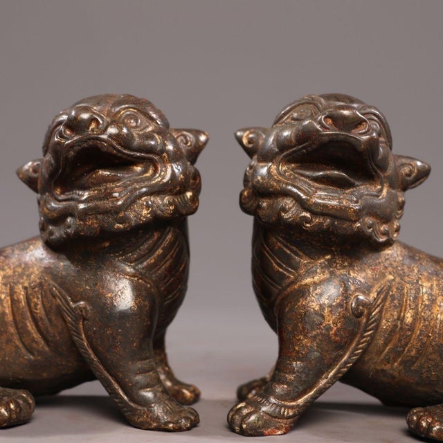 Metal Pair of Antique Gilt Bronze Pixiu Statues, Mythical Beast Figures, 1.37kg For Sale - Image 7 of 9