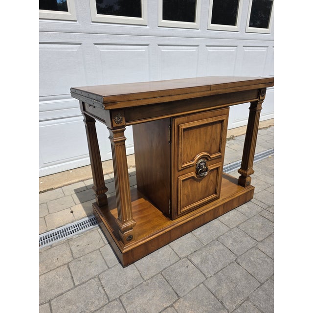 1960s Vintage Thomasville Lion’s Head Walnut Hardwood Credenza / Buffet / Serving / Server Table With Flip Top on Wheels For Sale In Washington DC - Image 6 of 17