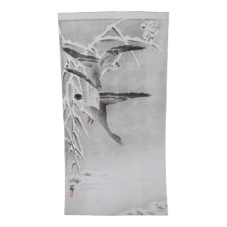 Ohara Koson Japanese Woodblock Print 2 Wild Geese Flying Over Snowy Landscape For Sale