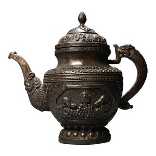 Vintage Tibetan Style Copper Teapot - High Relief Repoussé Ewer With Dragon Spout For Sale