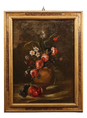 Italian Artist, Still Life with Flowers and Fruit, 1700s, Oil on Canvas, Framed
