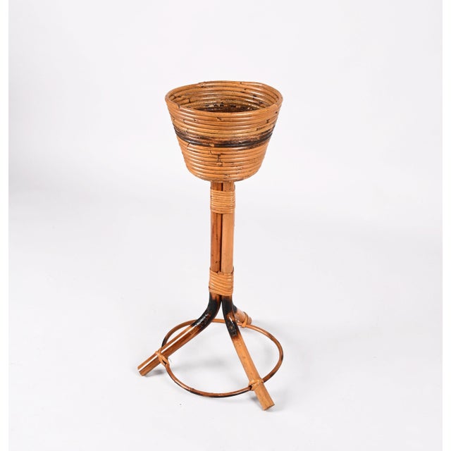 Mid-Century Italian Round Bamboo Cane and Rattan Plant Holder, 1950s For Sale - Image 12 of 18