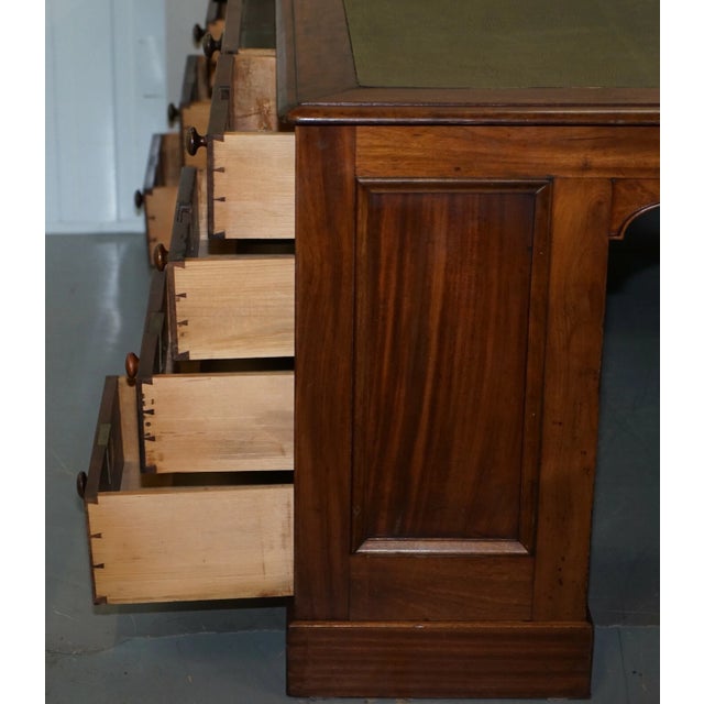 Wood Late 19th Century Rare Victorian Four Sided Quad Pedestal Desk in Flamed Mahogany Green Leather For Sale - Image 7 of 11