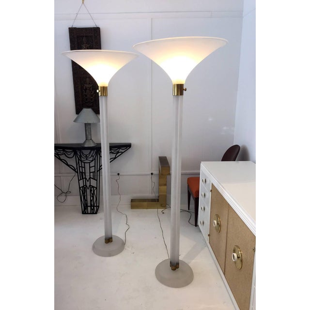 Metal Pair of Sandblasted Lucite Torchere by Karl Springer For Sale - Image 7 of 8