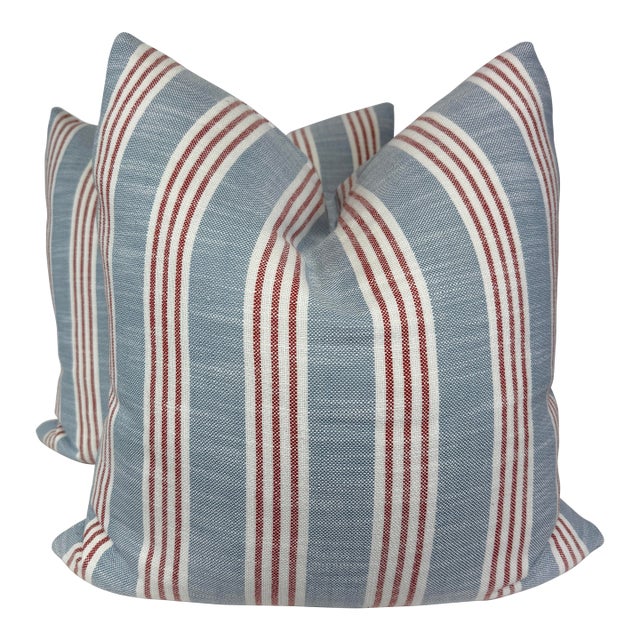 Thibaut "Southport Stripe" in Sky/Red Indoor/Outdoor 22" Pillows-a Pair For Sale