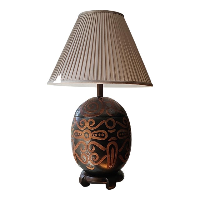1960s Sculptural Terra Cotta Table Lamp With Arabesque Motif With Curves and Lines and Frederick Cooper Lamp Shade For Sale