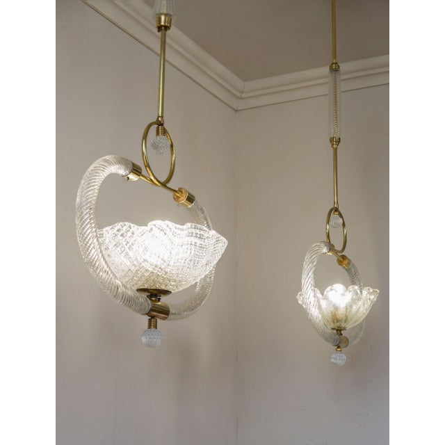 Murano Blown Glass and Brass Pendant Lights by Ercole Barovier for Barovier & Toso, 1930s, Set of 2 For Sale - Image 4 of 16