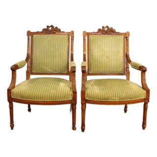 Circa 1860-80 Pair of Louis XVI Style Walnut Fauteuils For Sale