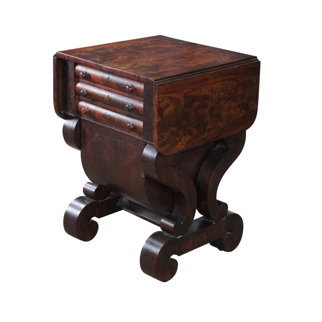 American Antique American Empire Crotch Mahogany Drop Leaf Sewing Work Side Table Cabinet For Sale - Image 3 of 14