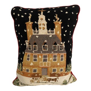 Vintage Snowy Winter Night Needlepoint Pillow For Sale