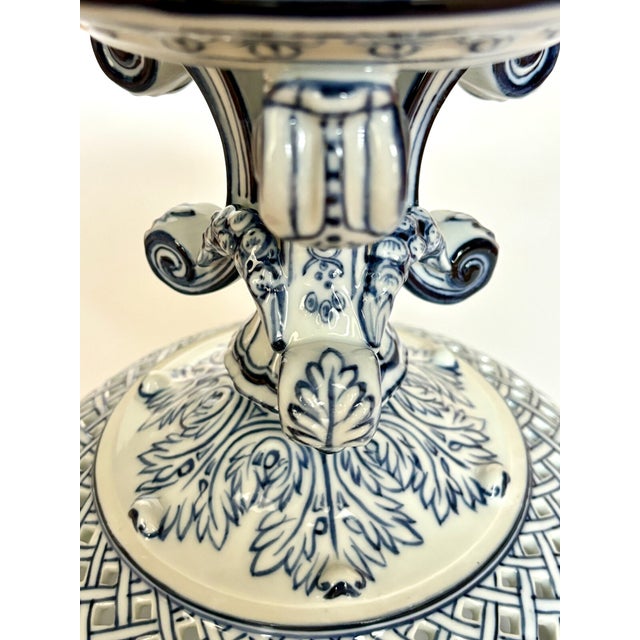 Vintage Mid-Century Modern Bombay Company Blue Reticulated Compote Pedestal Bowl For Sale In Dallas - Image 6 of 7